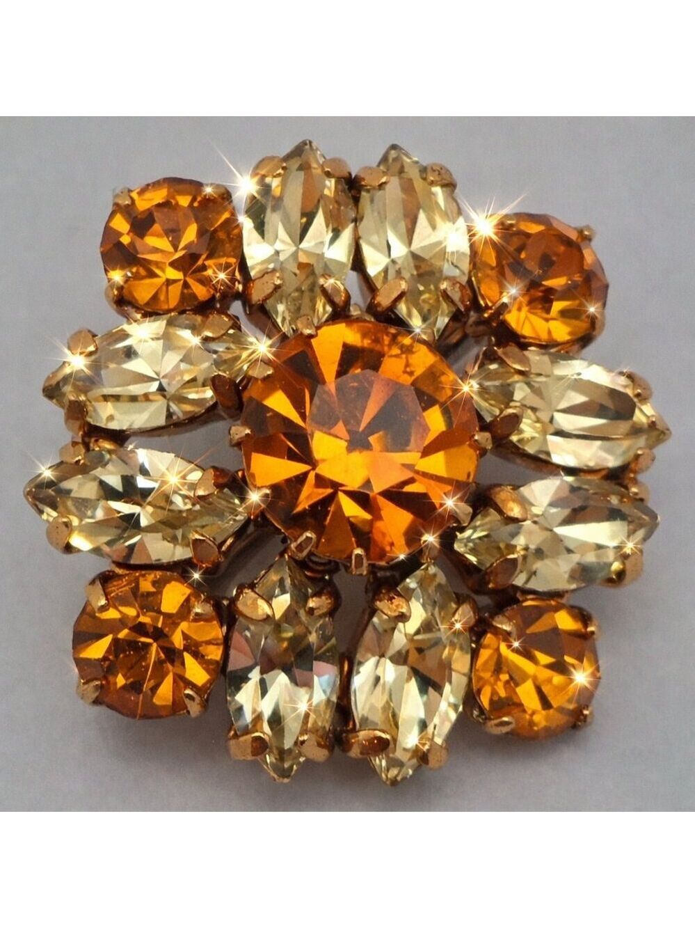 Vintage Unsigned Gold Orange Citrine Topaz Crystal Brooch